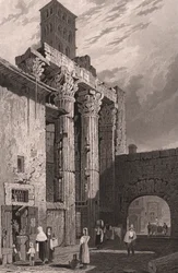 Columnas del Templo de Marte Ultor, Roma, Lacio, Italia, grabado en acero de Samuel Prout (1783-1852) dibujo, ca 15x115 cm