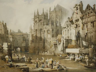 Figuras en las orillas del río en St. Etienne, Caen