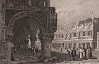 Escorzo de la arcada del Palacio Ducal con vista de la Plaza de San Marcos y del Palacio de la Biblioteca, Venecia, Véneto, Italia, grabado en acero según dibujo de Samuel Prout (1783-1852), 15x11,5 cm aproximadamente.