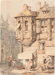 Escena callejera francesa con una torreta medieval