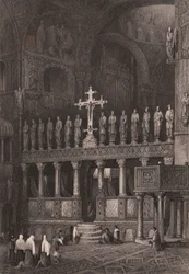 Iconostasio de la Basílica de San Marcos (Venecia, Véneto, Italia), grabado en acero según dibujo de Samuel Prout (1783-1852), 15x11,5 cm, aproximadamente