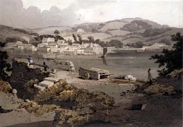 Paisaje, con río y pueblo