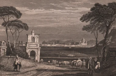 Roma con la cúpula de la basílica de San Pedro a la derecha, Lacio, Italia, grabado en acero a partir de un dibujo de Samuel Prout (1783-1852), 15x115 cm aprox.
