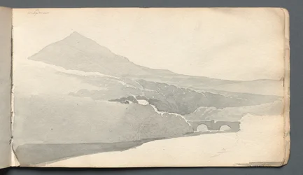 Cuaderno de bocetos: paisaje montañoso con puente, 1814