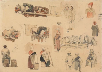 Bocetos de campesinos y caballos de trabajo