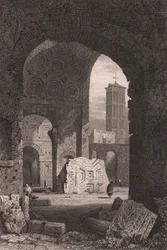 El Templo de la Paz o el Foro de Vespasiano, Roma, Lacio, Italia, grabado en acero a partir de un dibujo de Samuel Prout (1783-1852), ca 15x115 cm
