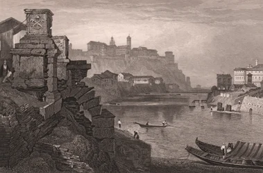 El río Tíber con el monte Aventino al fondo, Roma, Lacio, Italia, grabado en acero a partir de un dibujo de Samuel Prout (1783-1852), ca 15x115 cm