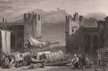 Vista del castillo de Angera en Arona, Lago Mayor, Piamonte, Italia, grabado en acero a partir de un dibujo de Samuel Prout (1783-1852), ca 16x11 cm