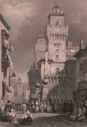 Vista del Castello Estense, Ferrara, Emilia-Romaña, Italia, grabado en acero de John Godfrey (hacia 1817-1889) sobre dibujo de Samuel Prout (1783-1852), 26x17 cm, publicado por Blackie and Son.