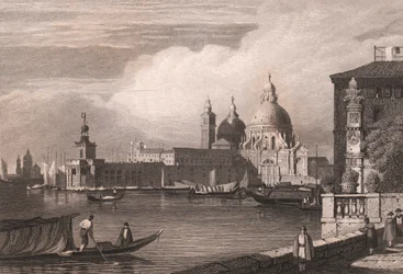 Vista del Gran Canal (Canal Grande) con la Punta della Dogana y la Basílica di Santa Maria della Salute al fondo, Venecia, Véneto, Italia, grabado en acero según dibujo de Samuel Prout (1783-1852), 15x11,5 cm aproximadamente.