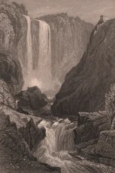 Vista de la Cascada de las Marmore (Cascata delle Marmore) cerca de Terni, Umbría, Italia, grabado en acero según dibujo de Samuel Prout (1783-1852), 15x11,5 cm aprox.