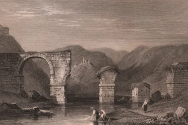 Vista de las ruinas romanas del puente de Augusto (Ponte di Augusto) sobre el río Nera, Narni, Umbría, Italia, grabado en acero según dibujo de Samuel Prout (1783-1852), 15x11,5 cm aprox.