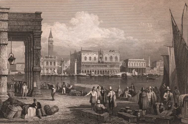 Vista de la cuenca de San Marcos en Venecia, Véneto, Italia, grabado en acero según dibujo de Samuel Prout (1783-1852), 15x11,5 cm aproximadamente.