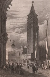 Vista del campanario de San Marcos en Venecia (Véneto, Italia), grabado en acero según dibujo de Samuel Prout (1783-1852), 15x11,5 cm aprox.