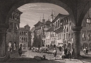 Vista de la plaza del mercado de Domodossola, Piamonte, Italia, grabado en acero a partir de un dibujo de Samuel Prout (1783-1852), 16x11 cm aprox.