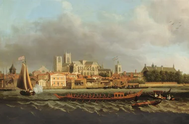Vista de Westminster desde Lambeth con una barcaza real en primer plano