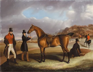 Lord George Bentinck con su cazador favorito y mozos, en un paisaje con una caza al fondo