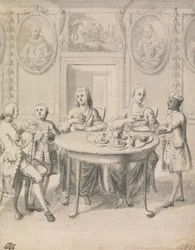 Escena interior con familia tomando el té