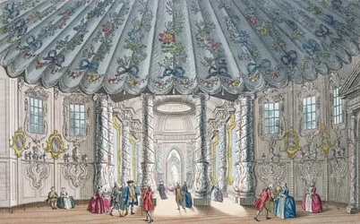 Vista interior de la elegante sala de música en Vauxhall Gardens, grabado por H. Roberts, 1752
