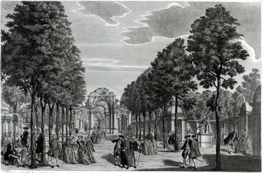 Los arcos triunfales, estatua de Handel en el paseo sur de los jardines de Vauxhall, grabado por John S. Muller