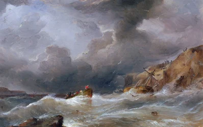 Un barco naufraga en una costa rocosa, con el bote salvavidas lleno de supervivientes. Óleo sobre lienzo de Samuel Walters (1811-1882).