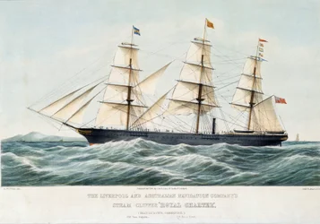 Un clíper real de la compañía naviera Australia and Liverpool. Litografía coloreada a mano, hacia 1856 por Samuel Walters (1811-1882).