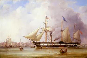 Barco de vapor a paletas "President" en el Mersey frente a Liverpool, mediados del siglo XIX (óleo sobre lienzo)