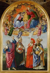 Coronación de la Virgen, con dieciséis ángeles y Santos: Juan Evangelista, Agustín, Jerónimo y Eligio (temple sobre madera)