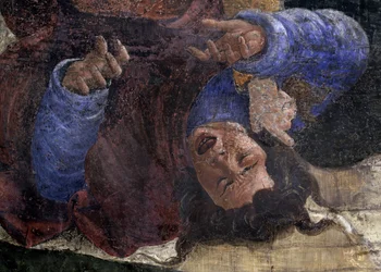 Historia de la vida de Moisés. Detalle: Egipcio bajo la espada de Moisés. Pintura de Alessandro di Mariano dei Filipepi conocido como Sandro Botticelli (1445-1510). Fresco