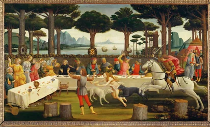 La historia de Nastagio degli Onesti, tercer panel: Nastagioinvita a su amada y a su familia;durante la comida ... (pintura sobre madera)