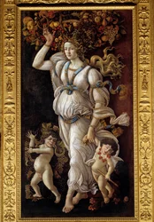 Otoño o alegoría contra el abuso del vino. Una joven lleva sobre la cabeza una cesta llena de frutas que representa la abundancia y arrastra de la mano a dos niños pequeños borrachos (Baco). Pintura de Alessandro di Mariano dei Filipepi, llamado Sandro