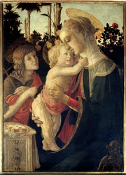 La Virgen y el Niño Jesús con el joven San Juan Bautista niño. Pintura de Alessandro di Mariano dei Filipepi, llamado Sandro Botticelli (1445-1510). Siglo XV. 0,90 x 0,67 m - La Virgen, el Niño Jesús y San Juan Bautista niño. Pintura