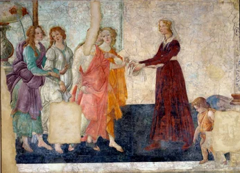 Venus y las Gracias ofreciendo regalos a una joven. Fresco de Villa Lemmi. Pintura de Sandro Botticelli (1444-1510)