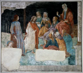 Joven llevado a la asamblea de las Siete Artes Liberales. Fresco de Villa Lemmi. Pintura de Sandro Botticelli (1444-1510)