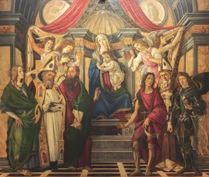 Retablo, panel principal: Virgen entronizada, cuatro ángeles y santos