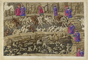 La Divina Comedia, Infierno XVIII. Virgilio y Dante en el octavo círculo del Infierno (Malebolge), 1.ª y 2.ª bolgia: castigo de alcahuetes y seductores, aduladores y putas