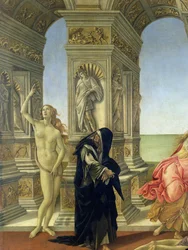 La Calumnia de Apeles; detalle mostrando la figura desnuda de la Verdad señalando al cielo y la Penitencia vestida con un hábito dominicano raído, 1497-98 (detalle)