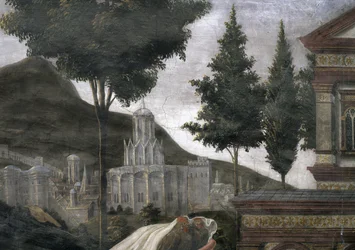 La Purificación del Leproso y la Tentación de Cristo, en la Capilla Sixtina: (detalle) de una ciudad imaginaria en un paisaje, 1481