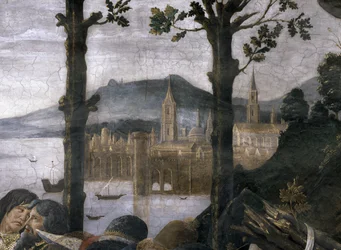 La Purificación del Leproso y la Tentación de Cristo, en la Capilla Sixtina: (detalle) de una ciudad portuaria imaginaria en un paisaje, 1481