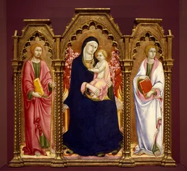 Madonna y Niño con los Santos Santiago el Mayor y Juan el Evangelista, retablo