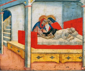 Santos Cosme y Damián adjuntan la pierna del etíope al sacristán (milagro de la pierna del etíope)