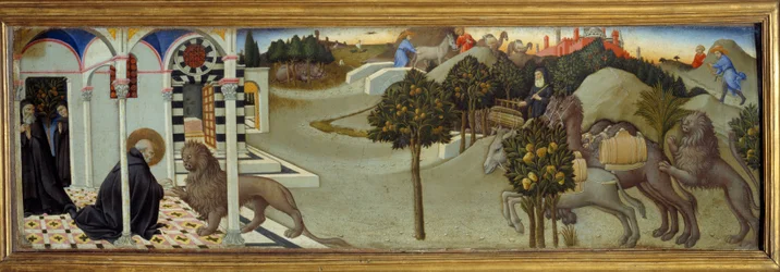Escena de la vida de San Jerónimo: San Jerónimo quita una espina de la pata del león; el león persigue a los ladrones que habían robado el burro del convento y trae consigo una caravana de camellos cargados de bienes