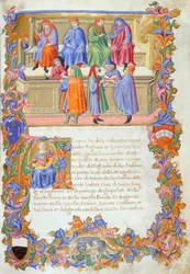 El Tribunale della Mercanzia (Tribunal de Mercancías), miniatura de los Estatutos de los Mercaderes no 6