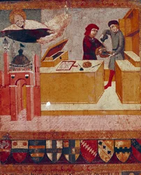 El camarlengo se lava simbólicamente las manos mientras la Virgen benevolente y protectora sobrevuela la ciudad de Siena (detalle)