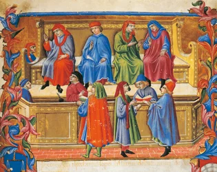 Miniatura del Tribunal de Comercio de los Estatutos de los Mercaderes por Sano di Pietro (1472), Italia, siglo XV