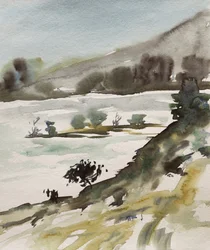 Paisaje en acuarela en tonos apagados