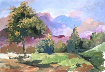 Árbol en un paisaje de nubes en tonos pastel