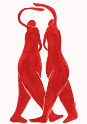 Bailarines rojos se abrazan