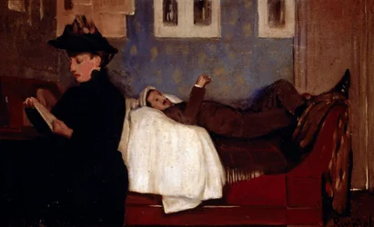 El taller en París. El personaje probablemente es Miguel Utrillo (1862-1934). Pintura de Santiago Rusiñol y Prats (1861-1931)