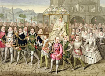 La reina Isabel I en procesión con sus cortesanos (c. 1600), de «Memoirs of the Court of Queen Elizabeth», según una pintura al óleo atribuida a Robert Peake (c. 1592-1667) en el castillo de Sherborne, publicada en 18